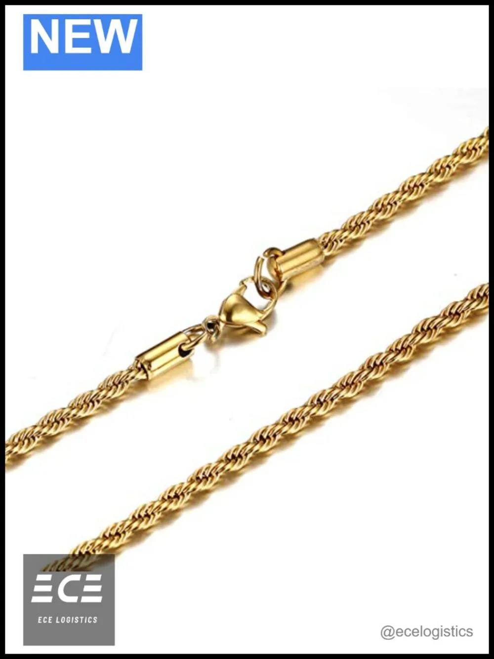 18k Gold Plated 3mm Rope Chain Necklace Spring Ring 22 in